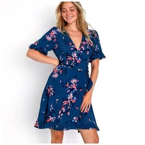 Lulus Dalton Teal Blue Floral Print Ruffled Wrap Dress Size S NWT